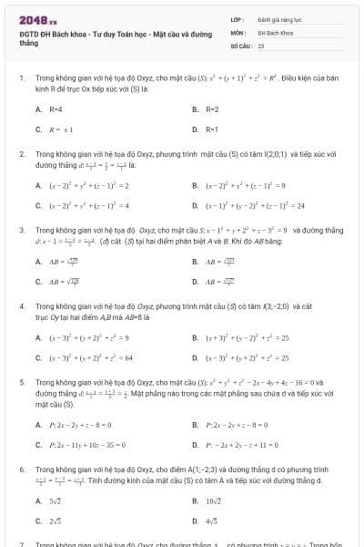 ĐGTD ĐH Bách khoa - Tư duy Toán học - Mặt cầu và đường thẳng