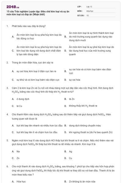 15 câu Trắc nghiệm Luyện tập: Điều chế kim loại và sự ăn mòn kim loại có đáp án (Nhận biết)