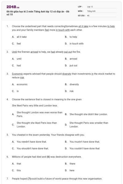 Đề thi giữa học kì 2 môn Tiếng Anh lớp 12 có đáp án - Đề số 10