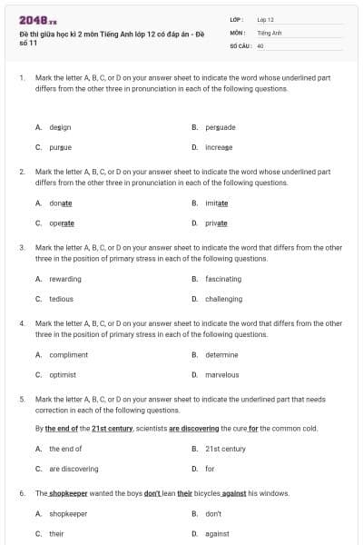 Đề thi giữa học kì 2 môn Tiếng Anh lớp 12 có đáp án - Đề số 11