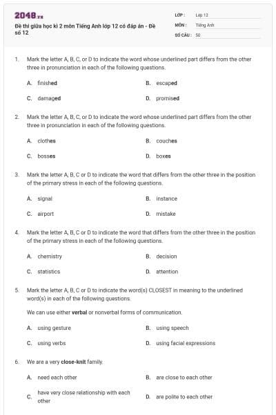 Đề thi giữa học kì 2 môn Tiếng Anh lớp 12 có đáp án - Đề số 12