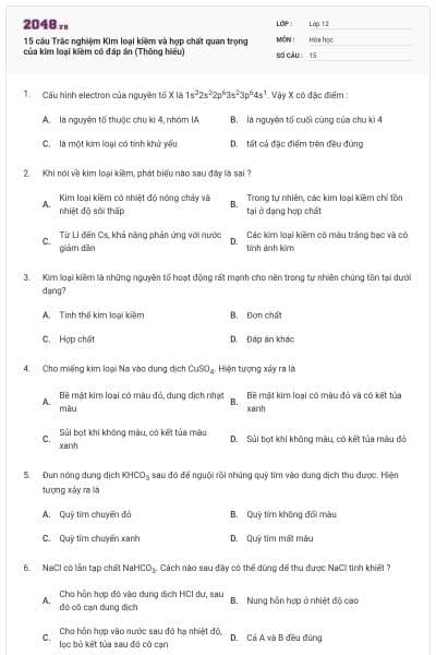 15 câu Trắc nghiệm Kim loại kiềm và hợp chất quan trọng của kim loại kiềm có đáp án (Thông hiểu)