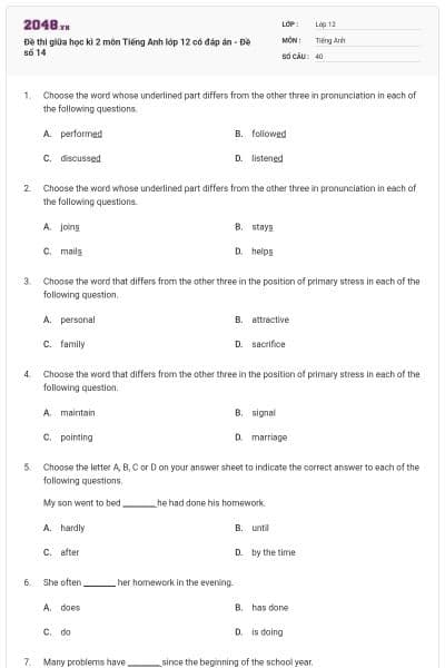 Đề thi giữa học kì 2 môn Tiếng Anh lớp 12 có đáp án - Đề số 14