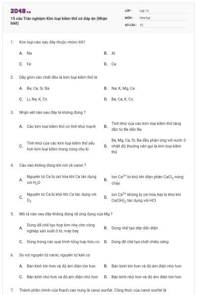 15 câu Trắc nghiệm Kim loại kiềm thổ có đáp án (Nhận biết)