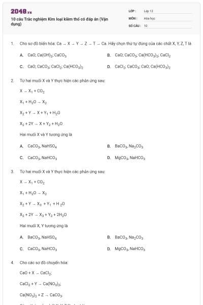 10 câu Trắc nghiệm Kim loại kiềm thổ có đáp án (Vận dụng)