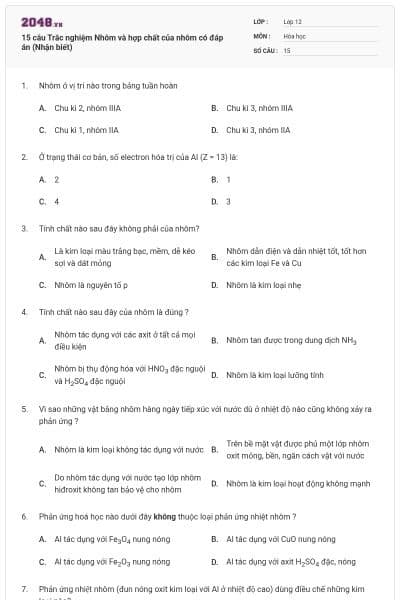 15 câu Trắc nghiệm Nhôm và hợp chất của nhôm có đáp án (Nhận biết)