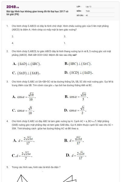 Bài tập Hình học không gian trong đề thi Đại học 2017 có lời giải (P8)