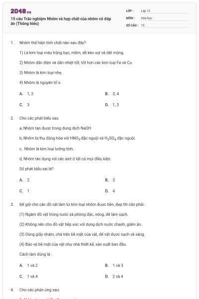 15 câu Trắc nghiệm Nhôm và hợp chất của nhôm có đáp án (Thông hiểu)
