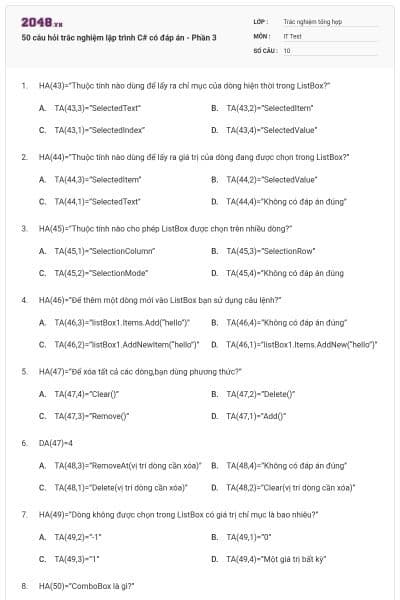 50 câu hỏi trắc nghiệm lập trình C# có đáp án - Phần 3