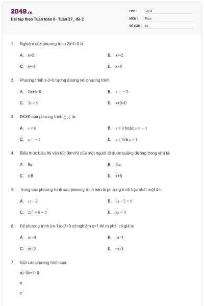 Bài tập theo Tuần toán 8- Tuần 27_ đề 2
