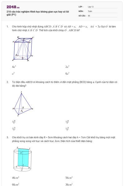210 câu trắc nghiệm Hình học không gian cực hay có lời giải (P1)