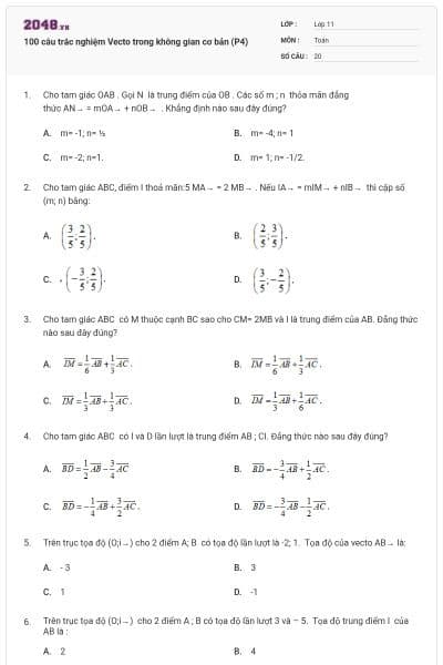 100 câu trắc nghiệm Vecto trong không gian cơ bản (P4)