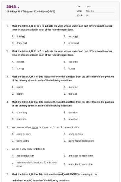 Đề thi học kì 1 Tiếng anh 12 có đáp án( đề 2)