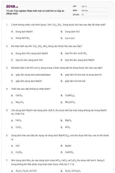 15 câu Trắc nghiệm Nhận biết một số chất khí có đáp án (Nhận biết)