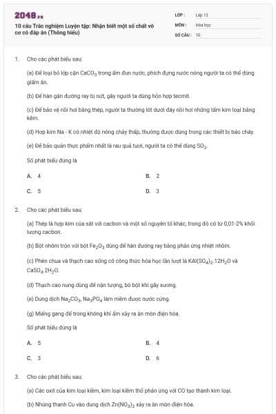 10 câu Trắc nghiệm Luyện tập: Nhận biết một số chất vô cơ có đáp án (Thông hiểu)