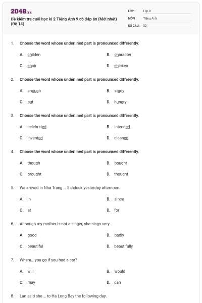 Đề kiểm tra cuối học kì 2 Tiếng Anh 9 có đáp án (Mới nhất) (Đề 14)