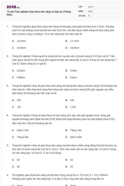 15 câu Trắc nghiệm Giao thoa ánh sáng có đáp án (Thông hiểu)