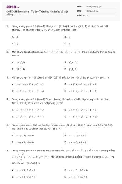 ĐGTD ĐH Bách khoa - Tư duy Toán học - Mặt cầu và mặt phẳng