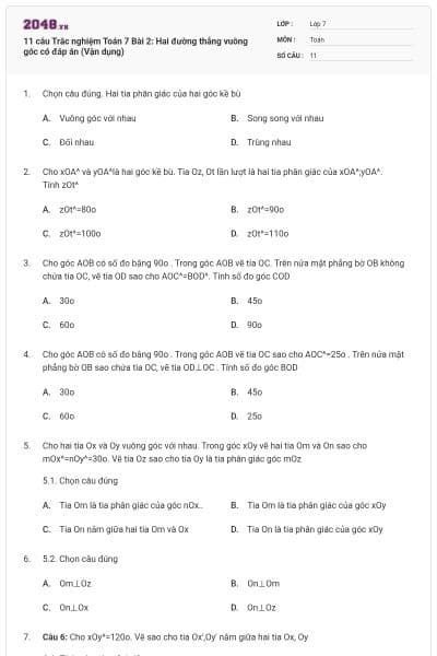 11 câu Trắc nghiệm Toán 7 Bài 2: Hai đường thẳng vuông góc có đáp án (Vận dụng)