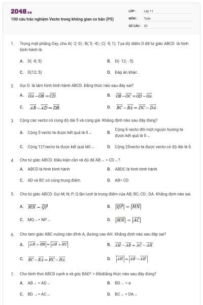 100 câu trắc nghiệm Vecto trong không gian cơ bản (P5)