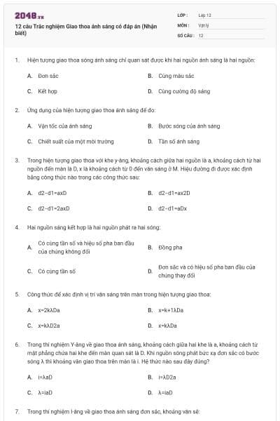 12 câu Trắc nghiệm Giao thoa ánh sáng có đáp án (Nhận biết)