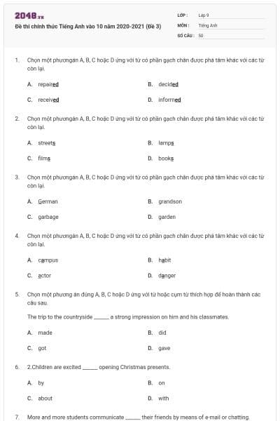 Đề thi chính thức Tiếng Anh vào 10 năm 2020-2021 (Đề 3)