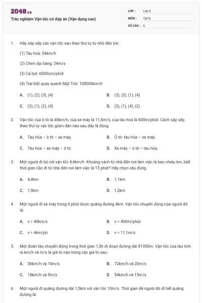 Trắc nghiệm Vận tốc có đáp án (Vận dụng cao)