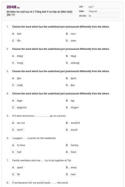 Đề kiểm tra cuối học kì 2 Tiếng Anh 9 có đáp án (Mới nhất) (Đề 17)