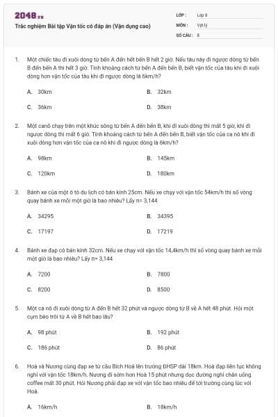 Trắc nghiệm Bài tập Vận tốc có đáp án (Vận dụng cao)