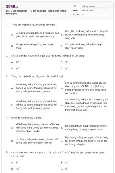 ĐGTD ĐH Bách khoa - Tư duy Toán học - Hai đường thẳng vuông góc