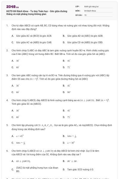 ĐGTD ĐH Bách khoa - Tư duy Toán học - Góc giữa đường thẳng và mặt phẳng trong không gian