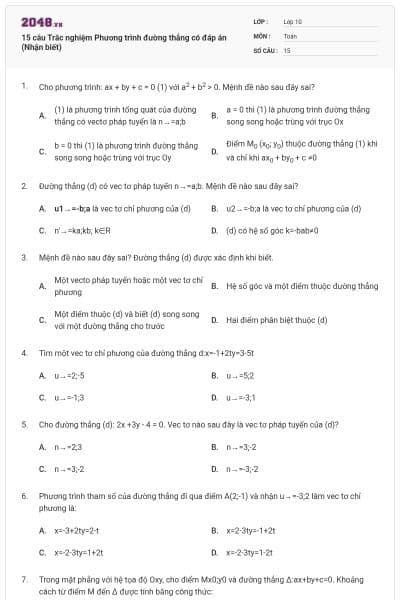 15 câu Trắc nghiệm Phương trình đường thẳng có đáp án (Nhận biết)