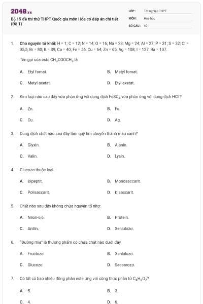 Bộ 15 đề thi thử THPT Quốc gia môn Hóa có đáp án chi tiết (Đề 1)