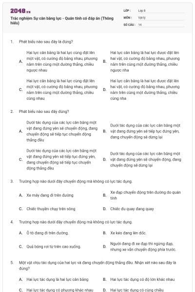 Trắc nghiệm Sự cân bằng lực - Quán tính có đáp án (Thông hiểu)