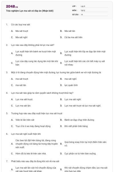 Trắc nghiệm Lực ma sát có đáp án (Nhận biết)