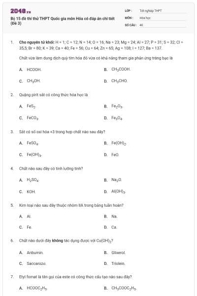Bộ 15 đề thi thử THPT Quốc gia môn Hóa có đáp án chi tiết (Đề 3)