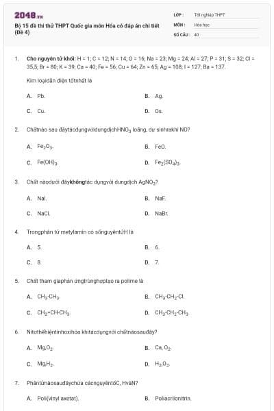 Bộ 15 đề thi thử THPT Quốc gia môn Hóa có đáp án chi tiết (Đề 4)