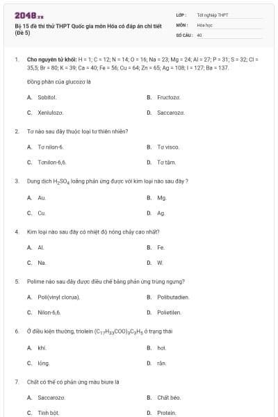 Bộ 15 đề thi thử THPT Quốc gia môn Hóa có đáp án chi tiết (Đề 5)