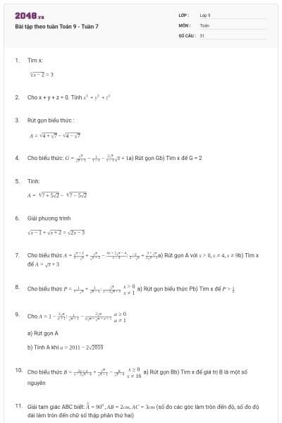 Bài tập theo tuần Toán 9 - Tuần 7