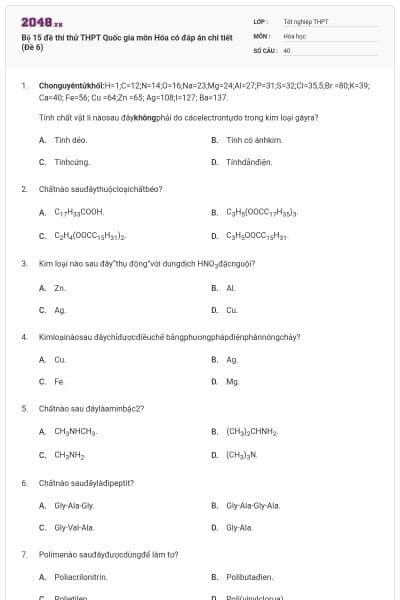 Bộ 15 đề thi thử THPT Quốc gia môn Hóa có đáp án chi tiết (Đề 6)