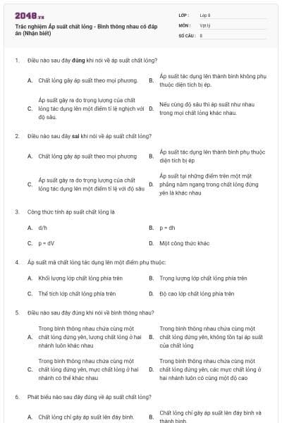 Trắc nghiệm Áp suất chất lỏng - Bình thông nhau có đáp án (Nhận biết)