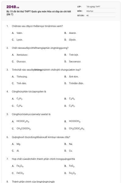 Bộ 15 đề thi thử THPT Quốc gia môn Hóa có đáp án chi tiết (Đề 7)