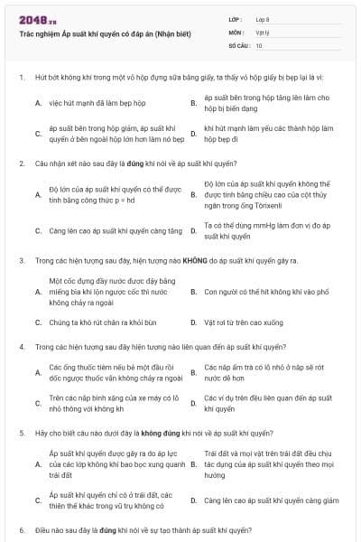 Trắc nghiệm Áp suất khí quyển có đáp án (Nhận biết)