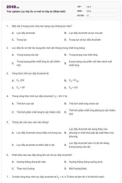 Trắc nghiệm Lực đẩy Ác-si-mét có đáp án (Nhận biết)
