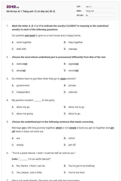 Đề thi học kì 1 Tiếng anh 12 có đáp án( đề 3)