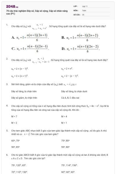 70 câu trắc nghiệm Dãy số, Cấp số cộng, Cấp số nhân nâng cao (P1)