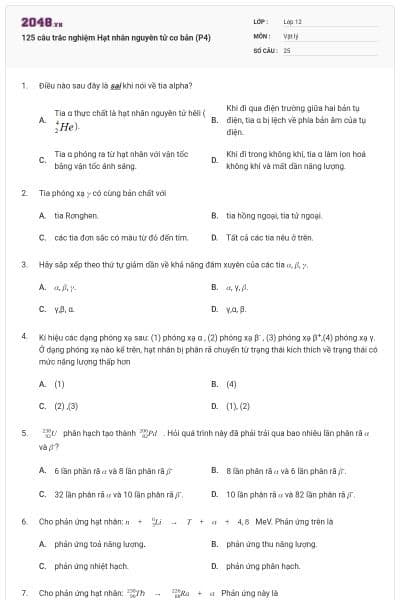 125 câu trắc nghiệm Hạt nhân nguyên tử cơ bản (P4)