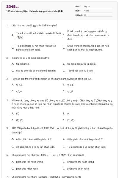 125 câu trắc nghiệm Hạt nhân nguyên tử cơ bản (P4)