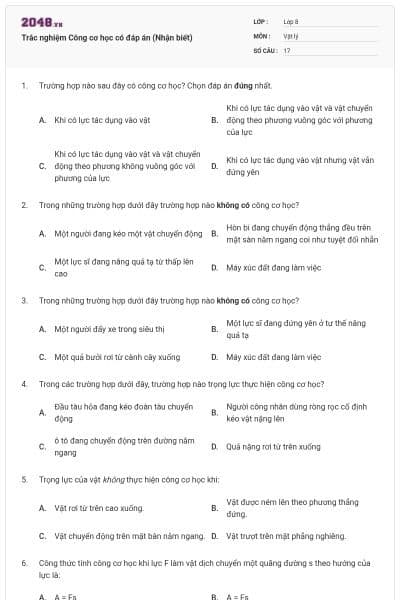 Trắc nghiệm Công cơ học có đáp án (Nhận biết)