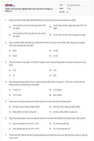 1000+ Câu hỏi trắc nghiệm kiến trúc máy tính có đáp án - Phần 21